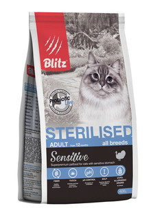 Сухой корм для кошек BLITZ Sterilised Sensitive для стерилизованных, домашняя птица, 0,4кг