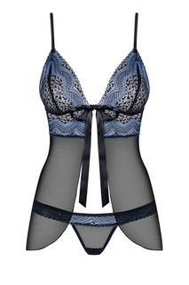 Изысканный бэби-долл с узором в виде волн L/XL черный, синий Obsessive