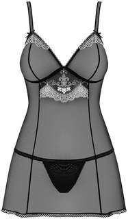 Полупрозрачная сорочка Obsessive бэби-долл с кружевной отделкой черный с белым L/XL