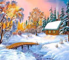Алмазная вышивка Алмазное Хобби Зимний домик у реки, 40x50 см