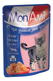 Влажный корм для кошек MonAmi, нежные кусочки в соусе с телятиной, 100г