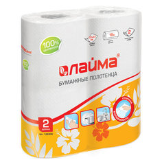 Полотенца бумажные бытовые, спайка 2 шт., 2-х слойные (2х18 м), ЛАЙМА, 22х23 см, белые