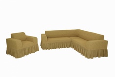 Комплект чехлов на угловой диван и кресло с оборкой Venera Жаккард, светло-коричневый