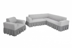 Комплект чехлов на угловой диван и кресло с оборкой Venera "Жаккард", цвет светло-серый