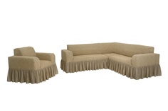 Комплект чехлов на угловой диван и кресло с оборкой Venera "Жаккард", цвет: бежевый