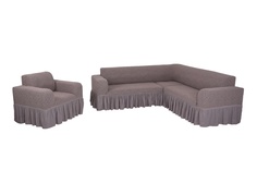 Комплект чехлов на угловой диван и кресло с оборкой Venera Жаккард, тёмно-сиреневый