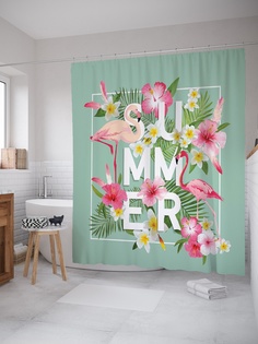 Штора (занавеска) для ванной «Летний цветочный фламинго» из ткани, 180х200 см с крючками Joy Arty