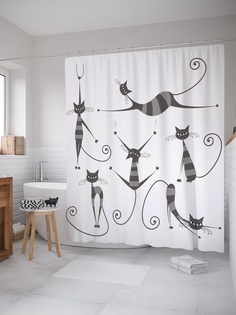 Штора (занавеска) для ванной «Полосатые коты» из ткани, 180х200 см с крючками Joy Arty