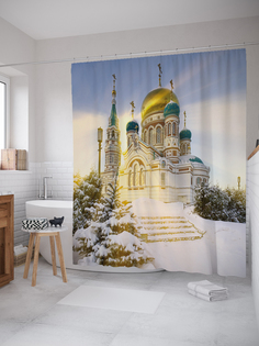 JoyArty Штора (занавеска) для ванной «Золотой храм» из ткани, 180х200 см с крючками