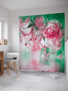 Штора (занавеска) для ванной «Бабочка среди цветов» из ткани, 180х200 см с крючками Joy Arty
