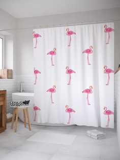 Штора (занавеска) для ванной «Фламинго в радости» из ткани, 180х200 см с крючками Joy Arty