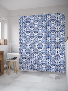 Штора (занавеска) для ванной «Голубой орнамент» из ткани, 180х200 см с крючками Joy Arty