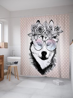 Штора для ванной JoyArty «Модный Хаски» из ткани, 180х200 см с крючками