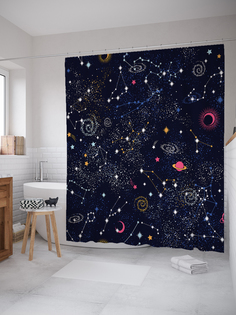 JoyArty Штора (занавеска) для ванной «Космические тела» из ткани, 180х200 см с крючками
