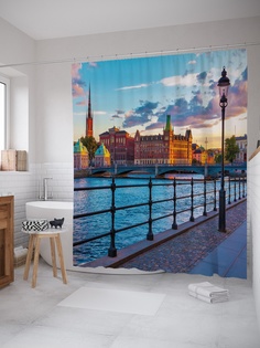 Штора (занавеска) для ванной «Городская набережная» из ткани, 180х200 см с крючками Joy Arty