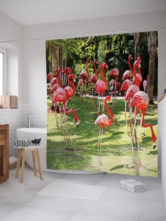 Штора (занавеска) для ванной «Декоративные фламинго» из ткани, 180х200 см с крючками Joy Arty
