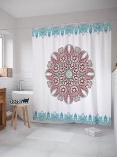 Штора (занавеска) для ванной «Цветочная снежинка» из ткани, 180х200 см с крючками Joy Arty