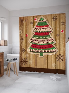 Штора (занавеска) для ванной «Ель с узорами» из ткани, 180х200 см с крючками Joy Arty