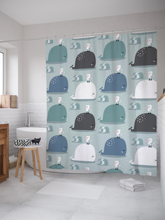 JoyArty Штора (занавеска) для ванной «Друзья чайка да кит» из ткани, 180х200 см с крючками