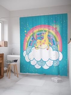 Штора (занавеска) для ванной «Радужный единорог» из ткани, 180х200 см с крючками Joy Arty