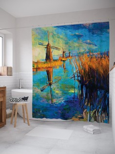 Штора для ванной JoyArty «Мельница над рекой» из ткани, 180х200 см с крючками