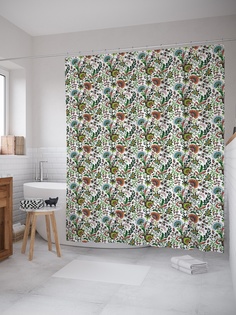 Штора (занавеска) для ванной «Цветы и листья» из ткани, 180х200 см с крючками Joy Arty