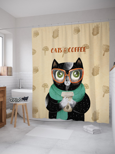 Штора для ванной JoyArty «Кот-интроверт с кофе» из ткани, 180х200 см с крючками