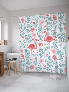 Штора (занавеска) для ванной «Осторожные фламинго» из ткани, 180х200 см с крючками Joy Arty