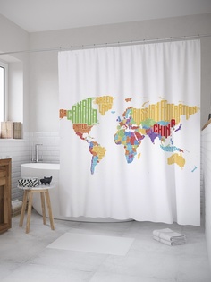 Штора (занавеска) для ванной «Буквенная карта» из ткани, 180х200 см с крючками Joy Arty