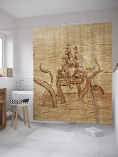 Штора (занавеска) для ванной «Кракен развлекается» из ткани, 180х200 см с крючками Joy Arty