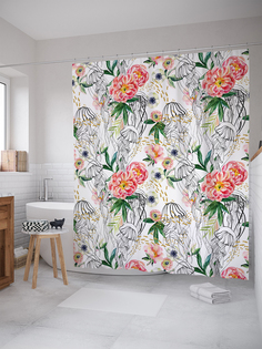 JoyArty Штора (занавеска) для ванной «Медузины пионы» из ткани, 180х200 см с крючками