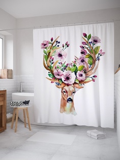 Штора (занавеска) для ванной «Олень с цветами в рогах» из ткани, 180х200 см с крючками Joy Arty