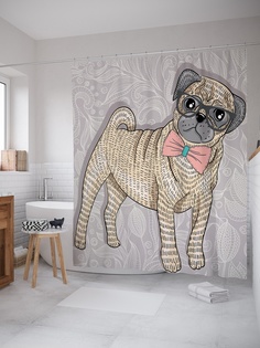 Штора (занавеска) для ванной «Галантный мопс » из ткани, 180х200 см с крючками Joy Arty