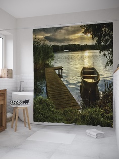 Штора (занавеска) для ванной «Лодка у мостика» из ткани, 180х200 см с крючками Joy Arty