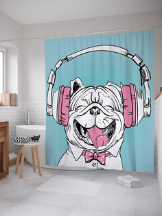 JoyArty Штора (занавеска) для ванной «Модный пес» из ткани, 180х200 см с крючками