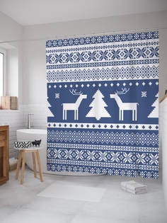 Штора (занавеска) для ванной «Узор оленей с елками » из ткани, 180х200 см с крючками Joy Arty