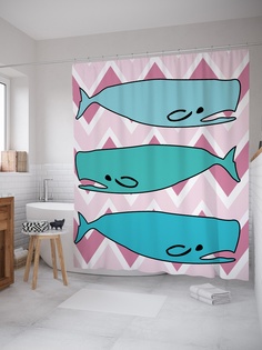 Штора (занавеска) для ванной «Киты и зигзаги» из ткани, 180х200 см с крючками Joy Arty