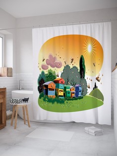 Штора для ванной JoyArty «Пчелиная работа» из ткани, 180х200 см с крючками