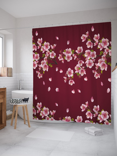 JoyArty Штора (занавеска) для ванной «Цветки сакуры» из ткани, 180х200 см с крючками
