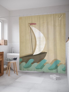 Штора (занавеска) для ванной «Парусник на волнах» из ткани, 180х200 см с крючками Joy Arty