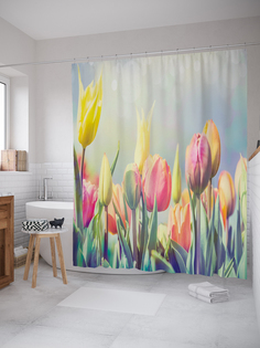 JoyArty Штора (занавеска) для ванной «Весенние тюльпаны» из ткани, 180х200 см с крючками