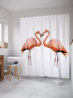 Штора (занавеска) для ванной «Романтика фламинго» из ткани, 180х200 см с крючками Joy Arty