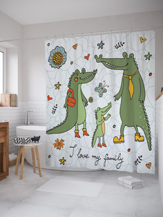 JoyArty Штора (занавеска) для ванной «Семья крокодилов» из ткани, 180х200 см с крючками