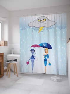 Штора (занавеска) для ванной «Злое облако и девушки» из ткани, 180х200 см с крючками Joy Arty