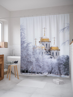 JoyArty Штора (занавеска) для ванной «Купола в снегу» из ткани, 180х200 см с крючками