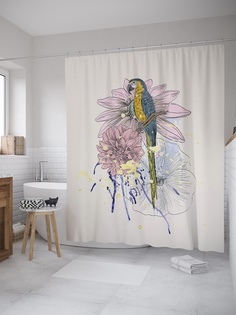 Штора (занавеска) для ванной «Попугай в цветах» из ткани, 180х200 см с крючками Joy Arty