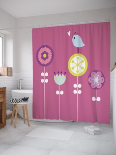 Штора (занавеска) для ванной «Птица на цветах» из ткани, 180х200 см с крючками Joy Arty