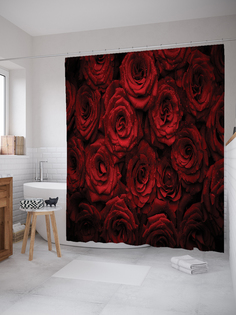 JoyArty Штора (занавеска) для ванной «Алые розы» из ткани, 180х200 см с крючками