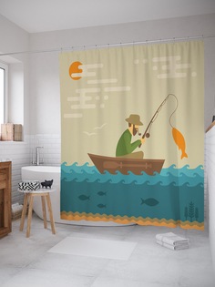 JoyArty Штора (занавеска) для ванной «Успешная рыбалка» из ткани, 180х200 см с крючками