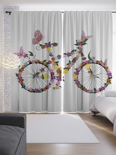 Шторы с фотопечатью "Цветочный велосипед с бабочками" из сатена, 290х265 см Joy Arty